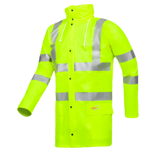 Hi-Vis Sioen yellow rain jacket with reflective stripes on a white background. Available at Kustom Workwear.