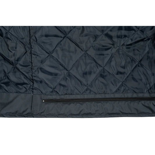 Quilted dark blue jacket with diamond pattern and zipper on a white background