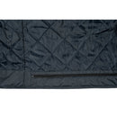 Quilted dark blue jacket with diamond pattern and zipper on a white background