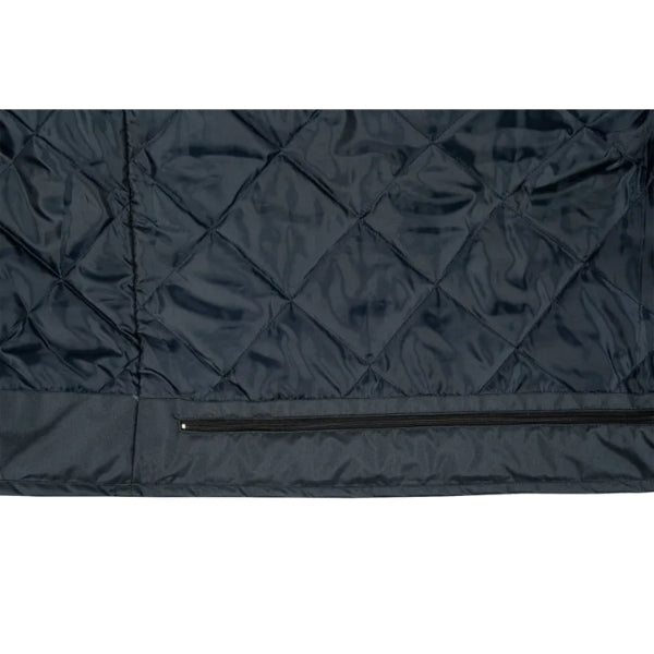 Quilted dark blue jacket with diamond pattern and zipper on a white background