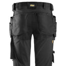 Black work pants with multiple pockets and a visible brand logo on a white background.