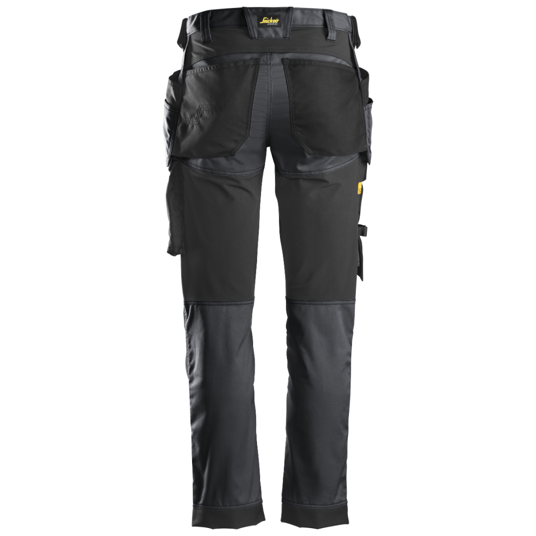 Back view of the Snickers 6241 work trousers. Holster Pockets. Colour is black against a white background. Available at Kustom Waterford.
