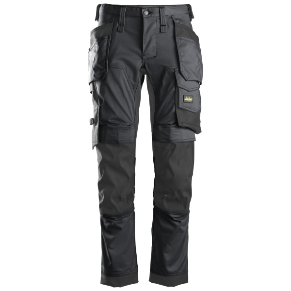 AllRound work trousers by Snickers. Steel Grey in Colour. White Background. Detailed view of front of 6241 trousers.
