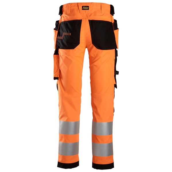 Orange High-Visibility Work trousers. Snickers 6243 AW HV Stretch Trouser HP. Snickers Workwear work trousers supplied by Kustom Workwear Waterford.