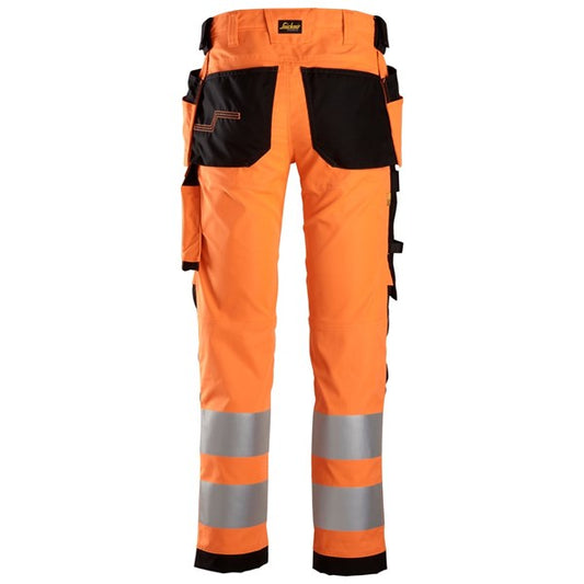 Orange High-Visibility Work trousers. Snickers 6243 AW HV Stretch Trouser HP. Snickers Workwear work trousers supplied by Kustom Workwear Waterford.
