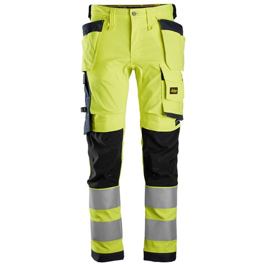 Green High Visibility Workwear. Snickers 6243 AW HV Stretch Trouser HP. Snickers Workwear work trousers supplied by Kustom Workwear Waterford.