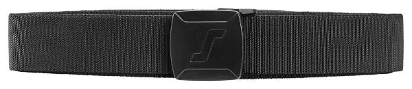 Black Snickers belt with a logo buckle on a white background.
