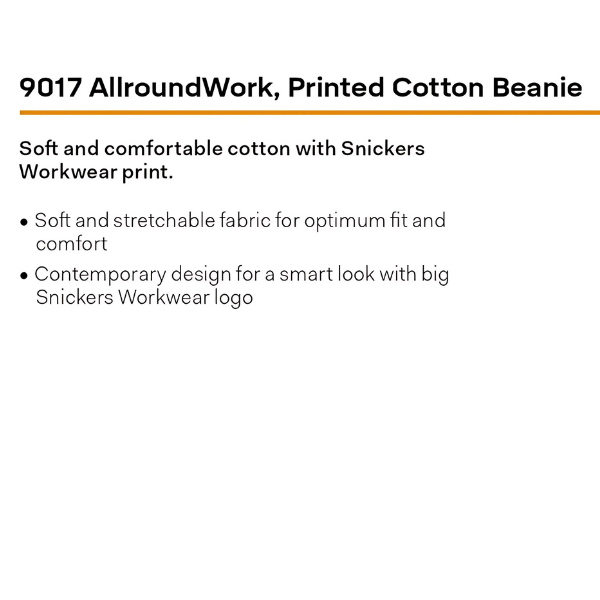 Snickers 9017 AllroundWork Printed Cotton Beanie | Snickers Hats - Soft and stretchable fabric for optimum fit and comfort. Contemporary design for a smart look with big Snickers Workwear logo.