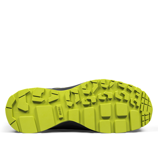 View of green sole. Evolution imprinted on the bottom of the work boot.