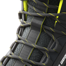 Close up view of laces and tongue on protective work footwear.