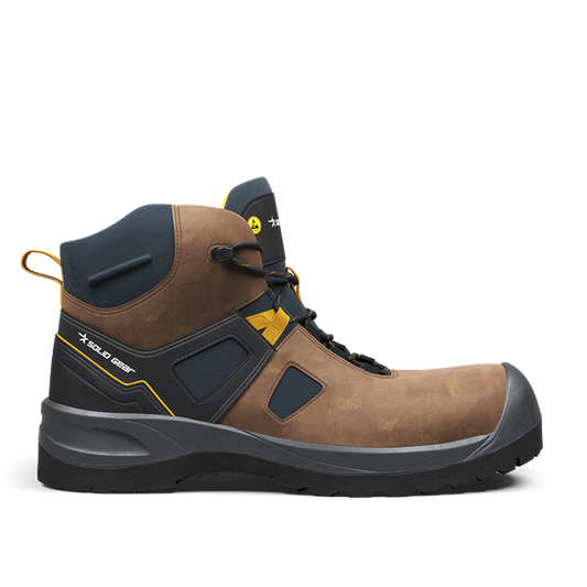 Solid Gear Mid safety boot with brown nubuck leather and CORDURA fabric, featuring a fiberglass toe cap and slip-resistant sole. 