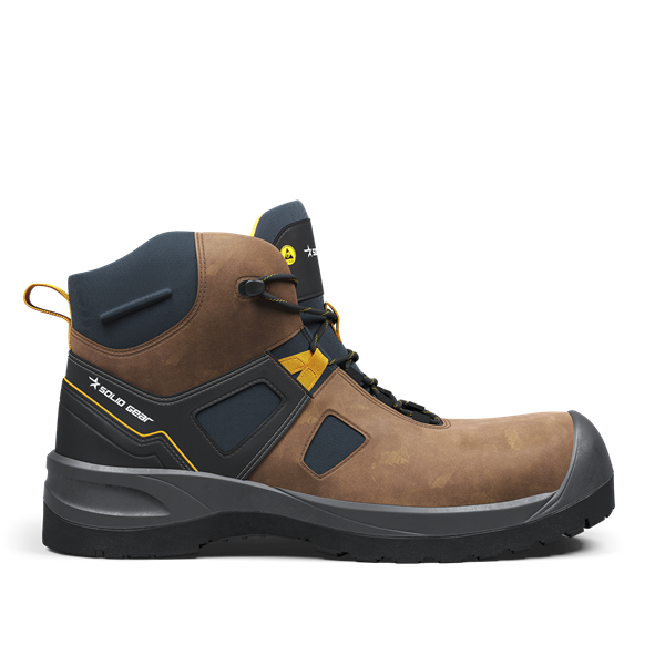 Solid Gear Mid safety boot with brown nubuck leather and CORDURA fabric, featuring a fiberglass toe cap and slip-resistant sole. 