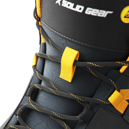 Close up detail of laces on work boots.