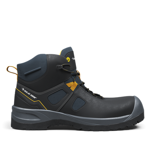 Sideview of black safety boot. Solid Gear Essence.