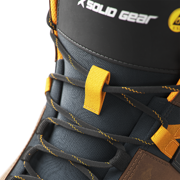 Close up view of laces. Footwear branded logo on tongue.