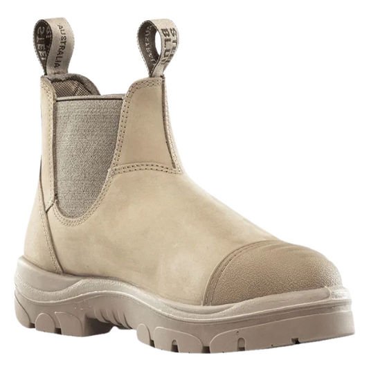 Side-front view of Steel Blue 392601 Hobart pull-on boot with wide elastic panels – Kustom Workwear.