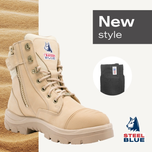 Beige boot with Steel Blue logo on a beige background.