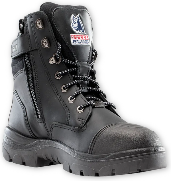 Steel Blue Southern Cross Zip GraphTEC Scuff S3 black safety boots with side zip and scuff-resistant toe cap.