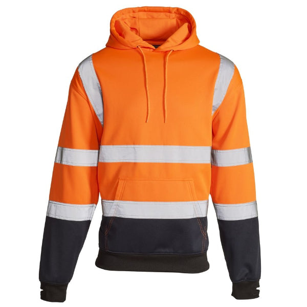 A high visibility orange and navy hooded sweatshirt with reflective silver tape, three-piece hood design, and an oversized kangaroo style pocket.