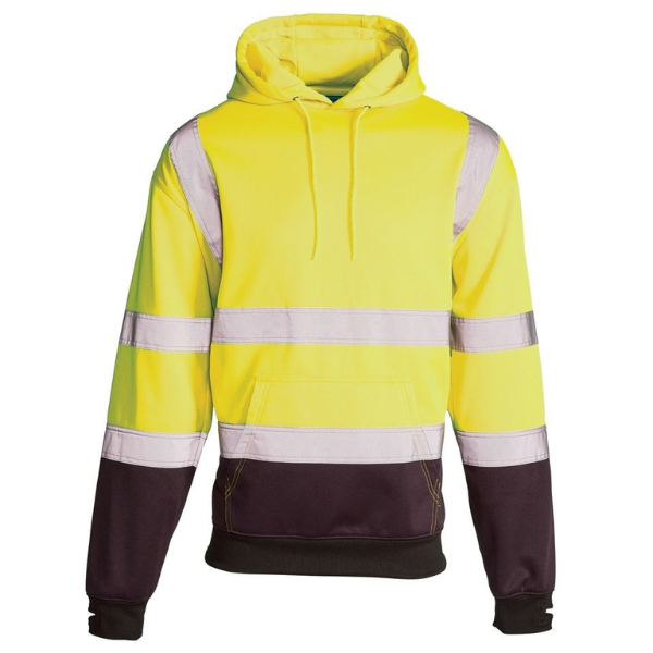 Yellow hoodie with reflective stripes on a white background.