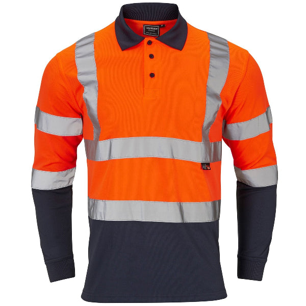 A long sleeve Supertouch polo shirt with a hi-vis orange and navy color scheme, featuring a knitted collar and cuffs, a three-button placket, and side vents. It is designed for work outdoors in warm weather.