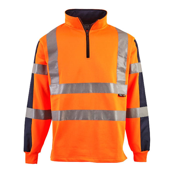 An orange and navy Supertouch rugby shirt with high visibility reflective silver tape, featuring a funnel neck collar and a half zipper.