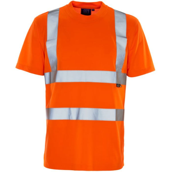 An orange Supertouch high visibility t-shirt with reflective stripes and a safety placket. Available at Kustom Workwear Waterford.