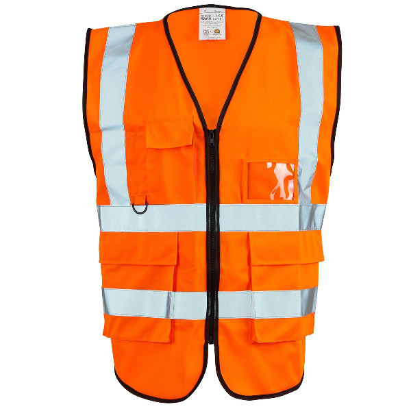 An orange Supertouch hi-vis executive vest with reflective white stripes and multiple pockets, including a mobile phone pocket, pen pocket, and sideloading ID pocket.