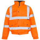 A high visibility Supertouch orange bomber jacket with reflective white stripes, multiple pockets, and a storm collar.
