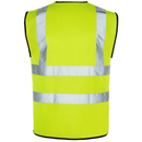 Yellow safety vest with reflective stripes on a white background.