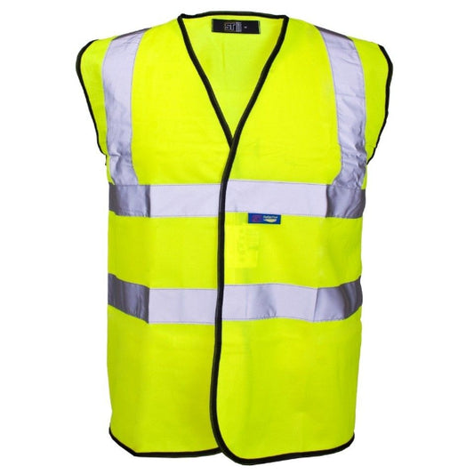 High-visibility safety vest with reflective stripes on a white background.