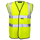 High-visibility safety vest with reflective stripes on a white background.