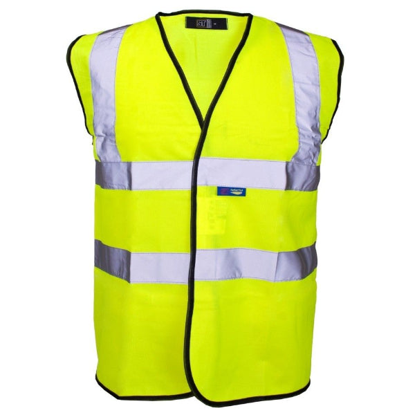 High-visibility safety vest with reflective stripes on a white background.