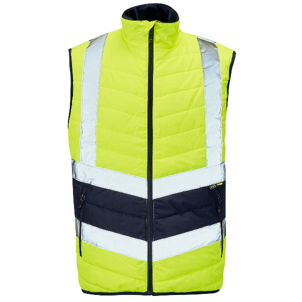 A high-visibility yellow and navy bodywarmer with reflective tape, featuring a stand-up collar, zip pockets, and softbound armholes.