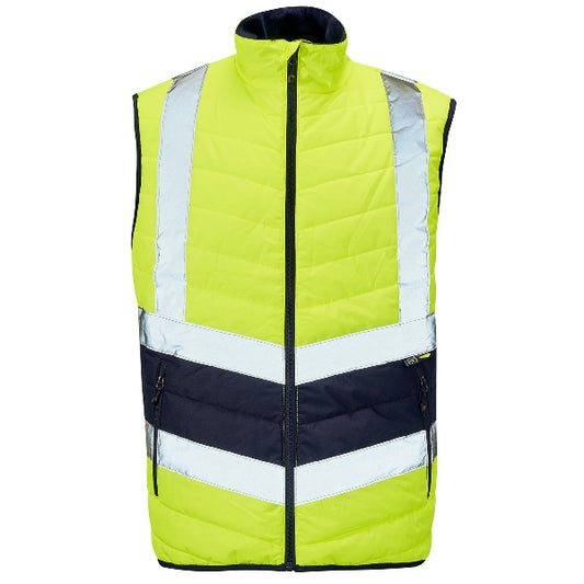 A high-visibility yellow and navy bodywarmer with reflective tape, featuring a stand-up collar, zip pockets, and softbound armholes.
