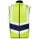 A high-visibility yellow and navy bodywarmer with reflective tape, featuring a stand-up collar, zip pockets, and softbound armholes.