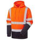 Orange and black hoodie with reflective stripes on a white background.