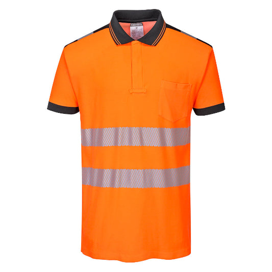 Portwest PW3 Hi-Vis orange polo shirt with short sleeves, collar, and reflective silver stripes. Black collar and trim.