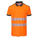Portwest PW3 Hi-Vis orange polo shirt with short sleeves, collar, and reflective silver stripes. Black collar and trim.