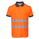 Portwest PW3 Hi-Vis orange polo shirt with short sleeves, collar, and reflective silver stripes. Navy collar and trim.