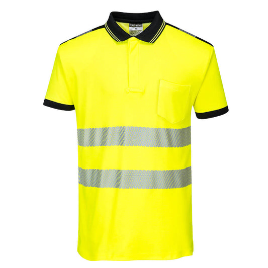 Portwest PW3 Hi-Vis yellow polo shirt with short sleeves, collar, and reflective silver stripes. Black collar and trim.