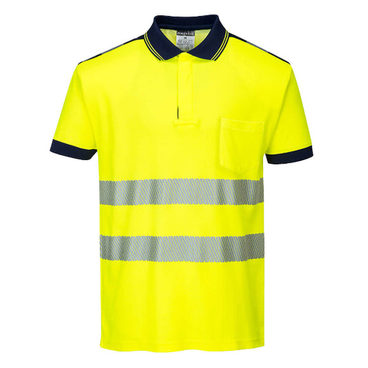 Portwest PW3 Hi-Vis Yellow polo shirt with short sleeves, collar, and reflective silver stripes. Navy collar and trim.