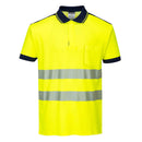 Portwest PW3 Hi-Vis Yellow polo shirt with short sleeves, collar, and reflective silver stripes. Navy collar and trim.