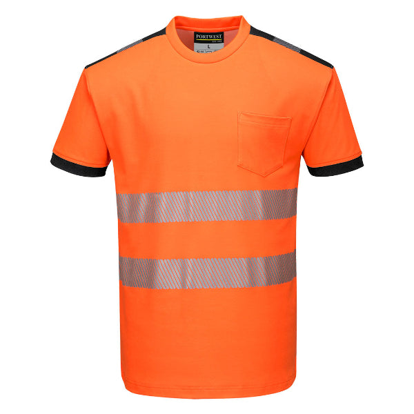 An orange Portwest range high visibility safety shirt with reflective stripes on a white background