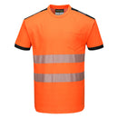 An orange Portwest range high visibility safety shirt with reflective stripes on a white background