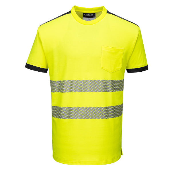 A yellow Portwest high-visibility t-shirt with black short sleeves and a front pocket. The t-shirt is made with a striped pattern using reflective tape for visibility.