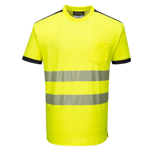 A yellow Portwest high-visibility t-shirt with black short sleeves and a front pocket. The t-shirt is made with a striped pattern using reflective tape for visibility.