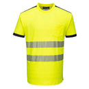 A yellow Portwest high-visibility t-shirt with black short sleeves and a front pocket. The t-shirt is made with a striped pattern using reflective tape for visibility.