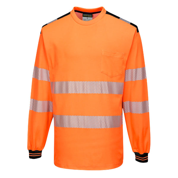Orange long-sleeve shirt with reflective stripes on a white background