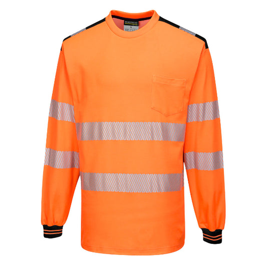 Orange long-sleeve shirt with reflective stripes on a white background